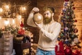 Christmas or New Year barber shop concept. Beard with bauble. Santa in barbershop. Christmas style for modern Santa. Royalty Free Stock Photo