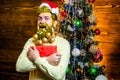 Christmas or New Year barbershop concept. Beard with bauble. Santa in barber shop. Christmas style for modern Santa. Royalty Free Stock Photo