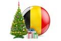 Christmas and New Year in Belgium, concept. Christmas tree and gift boxes with Belgian flag, 3D rendering