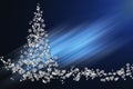 Christmas and New Year blue glowing background with a Christmas tree made of volumetric white stars and snowflakes