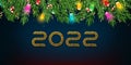 Christmas and New Year 2022 blue vector background with fir branches, candies, garlands, golden serpentine and falling Royalty Free Stock Photo