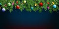 Christmas and New Year blue vector background with fir branches, candies, garlands, golden serpentine and falling snow. Royalty Free Stock Photo