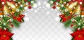 Christmas and New Year border decorations with fir branches, golden bells, Christmas flowers poinsettia and holly berries. Design Royalty Free Stock Photo