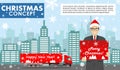 Christmas and New Year business concept. Detailed illustration of young businessman in the Santa Claus hat hold the box Royalty Free Stock Photo