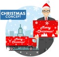 Christmas and New Year business concept. Detailed illustration of young businessman in the Santa Claus hat hold the box Royalty Free Stock Photo
