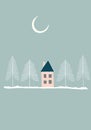 Christmas New Year card banner with doodle rural house in forest with snowy pine trees. Cozy winter scene illustration Royalty Free Stock Photo