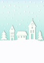 Christmas New Year card banner with doodle rural houses forest trees falling snow. Cozy winter scene illustration Royalty Free Stock Photo