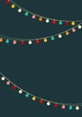 Christmas New Year card banner template colorful light bulb garland hanging on dark navy background