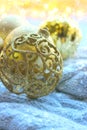 Christmas or new year card. Close-up of Golden Christmas ball, copy space. Royalty Free Stock Photo