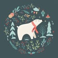 Christmas and New Year card with cute polar bear, pine trees and floral elements in circular shape. Winter landscape in retro