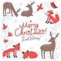 Christmas New Year card with deer and foxes.