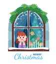 Christmas and New Year card with the girl at the window. Royalty Free Stock Photo