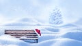 Christmas New Year card. A lonely bench, a Santa hat and a Christmas tree against a background of white snowdrifts.