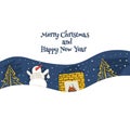 Christmas and new year card with snowman, tree and fireplace, printable illustration Royalty Free Stock Photo