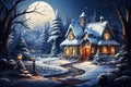 Christmas and New Year card with a snowy fairy house and snow-covered trees on a clear moonlit night