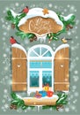 Christmas and New Year card with wooden frosty window Royalty Free Stock Photo