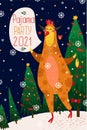 Christmas and New Year card with zodiac rooster in yellow bull-shaped pajamas for 2021. Vector illustration of a rooster on a dark