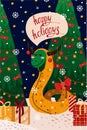 Christmas and New Year card with zodiac snake in yellow bull-shaped pajamas for 2021. Vector illustration of a snake on a dark