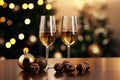 Christmas and New Year celebration champagne and black chocolate candies, mandarines, oranges, toasting on beautiful