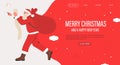 Christmas or New Year celebration flyer. Santa Claus with huge red bag with presents and wish list Royalty Free Stock Photo