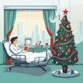 Christmas and New Year Celebration in Hospital Interior. Person in Healthcare Clinic on Christmas alone. Flat style