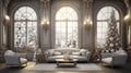 Christmas and New Year classic interior in white colors. Festive living room with large arch windows, sofa with cushions