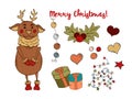 Christmas new year clip art set. Cute deer in a scarf, gifts, garlands, stars and more. Royalty Free Stock Photo