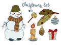 Christmas new year clip art set. Cute snowman in a scarf, gifts, Christmas decorations, candles, sweets and more. Royalty Free Stock Photo