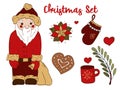 Christmas new year clip art set. Cute St. Claus, gingerbread, mittens, red cup, mistletoe, green twig and more. Royalty Free Stock Photo