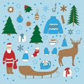 Christmas and New year cliparts, vector illustration, hand drawing, colored, Santa Claus, reindeer, gift boxes, Christmas toys and Royalty Free Stock Photo