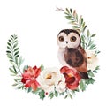 Winter wreath with leaves,branches,flowers,berries,holly and cute little owl