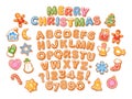 Christmas and New Year colorful gingerbread alphabet. Sugar coated letters and numbers. Cartoon hand drawn vector Royalty Free Stock Photo