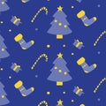 Christmas and New Year colorful pattern with Christmas tree, gifts, warm sock, candy. Blue and yellow colors on blue background. F