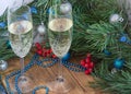 Christmas and New Year composition, champaign glasses, pine, ornament Royalty Free Stock Photo