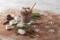 Christmas or New Year composition with cocoa, marshmallows, cook