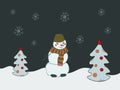 Christmas New Year composition. A cute snowman between two decorated fir trees, around a snowdrift and it is snowing.