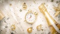 Christmas or New Year composition, frame, pink background with gold Christmas decorations, stars, snowflakes, balls, alarm clock, Royalty Free Stock Photo