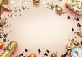 Christmas or New Year composition, frame, pink background with g Royalty Free Stock Photo