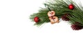 Christmas and New Year composition with holiday decorations. Pine cones, handmade New Year`s toys, white background