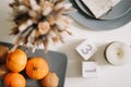 Christmas and New Year composition. tangerines, ginger cookies. festive table setting. Flat lay, holiday background.