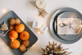 Christmas and New Year composition. tangerines, ginger cookies. festive table setting. Flat lay, holiday background.