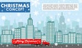 Christmas and New Year concept. Detailed illustration of red delivery truck on background with cityscape in flat style Royalty Free Stock Photo