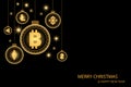 Christmas and New year concept. Golden bauble ball hanging by shiny cryptocurrency coin on black background