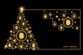 Christmas and New year concept. Golden Christmas tree and bauble ball hanging by shiny cryptocurrency coin on black background