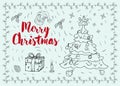 Christmas and new year contour layout for design postcards in the style of childrens Doodle greeting inscription spruce candle