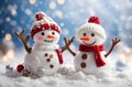 Christmas and new year with couple snowman doll, golden star with pine tree on white snow season in blue bokeh light background