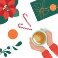 Christmas and New Year cozy compositions with human hands holding a mug of cappuccino