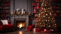 Christmas or New Year cozy home interior. Magic glowing tree with golden and red decorations, fireplace, shelves with books and