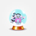 Christmas, new year crystal snow globe with cute snowman girl on white