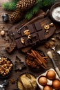 Christmas or new year culinary rustic wooden background with food ingredients for cooking festive dishes, xmas baking. Holiday coo Royalty Free Stock Photo